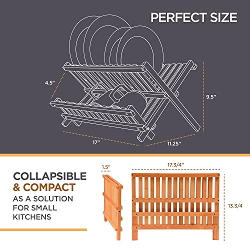 Collapsible Dish Drying Rack - Bamboo 2-Tier Dish Drainer Kitchen Plate Rack for Kitchen Countertop - Foldable & Compact for Space-Saving Storage