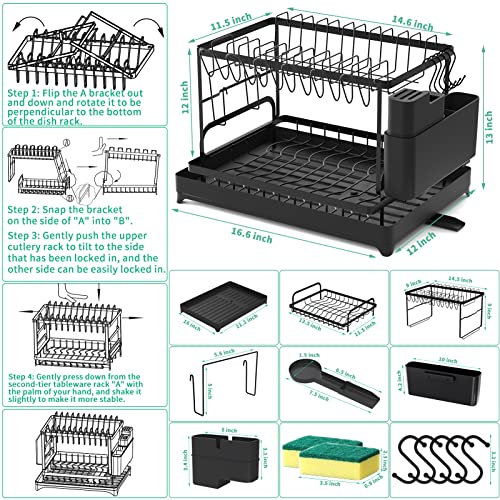 Dish Drying Rack,Dish Rack for Kitchen Counter,2 Tier Large Dish Drying Rack with Drainboard Stainless Steel Dish Drainer with Drainage Utensil Holder for Dish/Knifes/Cup/Cutting Board(16.6*12*13 IN)
