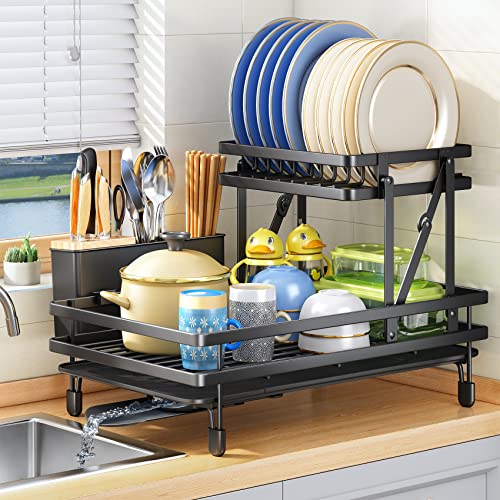 SNTD Dish Drying Rack, Collapsible 2-Tier Large Dish Rack for Kitchen Counter, Auto-Drain Dish Drainer with Drainboard Utensil Knife Holder (Black)