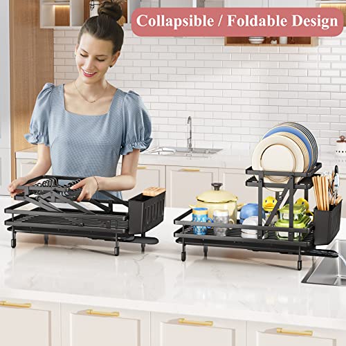 SNTD Dish Drying Rack, Collapsible 2-Tier Large Dish Rack for Kitchen Counter, Auto-Drain Dish Drainer with Drainboard Utensil Knife Holder (Black)