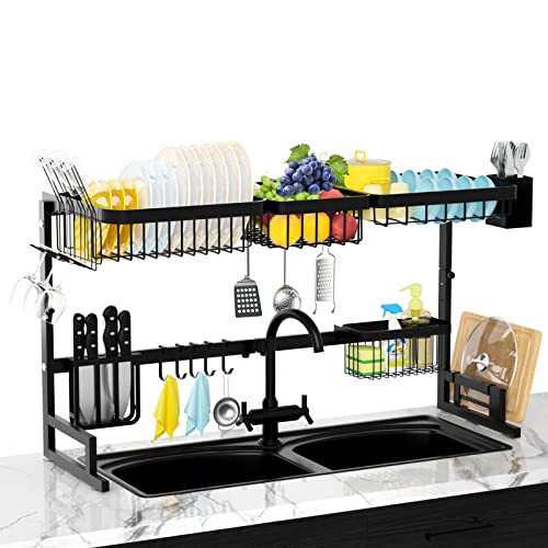 MERRYBOX Over The Sink Dish Drying Rack (33.4"-41.3") Large Upgraded 2 Tier Length & Height Adjustable Stainless Steel Dishes Drainer for Kitchen Counter Space Saving Storage Organizer, Black