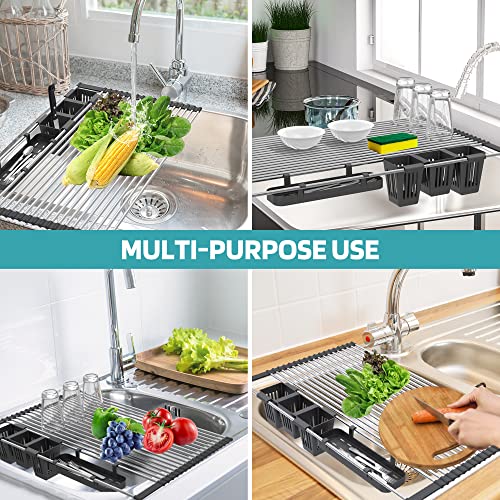 Extra Large Black Expandable Roll Up Dish Drying Rack Up to 25.1''with 2 Storage Baskets,Over The Sink Kitchen Rolling up Dish Drainer Dish Drying Rack in Sink, Foldable,Rollable,for Kitchen Dishes
