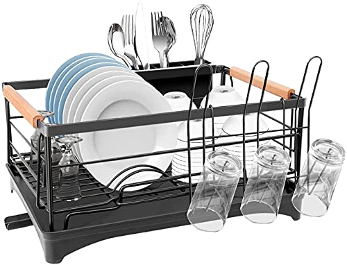 G-TING Dish Drying Rack, Dish Rack for Kitchen Counter, Rust-Proof Dish Drainer with Drying Board and Utensil Holder for Kitchen Counter Cabinet, 16.6” L× 12.6”W× 7.8”H, Black
