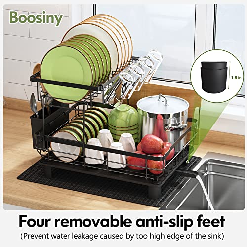 BOOSINY Dish Racks for Kitchen Counter, Dish Drying Rack with Utensil Holder, 2 Tier Dish Drainer and Darinboard Set with Cup Holder, Cutting-Board Holder and Drying Mat (Black)