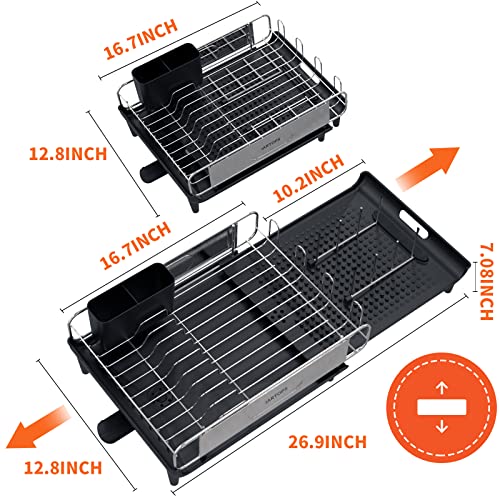IARTOPS Dish Drying Rack, Dish Rack for Kitchen Counter, Expandable Stainless Steel Dish Strainer with Drainboard, Large Capacity Dish Drainer with Glass Holder, Utensil Holder