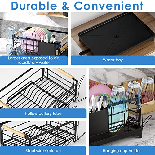 G-TING Dish Drying Rack, Dish Rack for Kitchen Counter, Rust-Proof Dish Drainer with Drying Board and Utensil Holder for Kitchen Counter Cabinet, 16.6” L× 12.6”W× 7.8”H, Black
