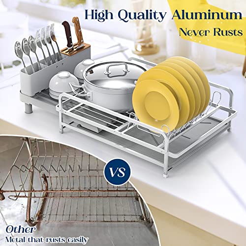 ACMETOP Dish Drying Rack 19" to 27" Expandable Large Capacity Dish Rack Heavy Duty Dish Drainer with Removable Cutlery Rack Cup Holder Aluminium Dish Racks for Kitchen Counter