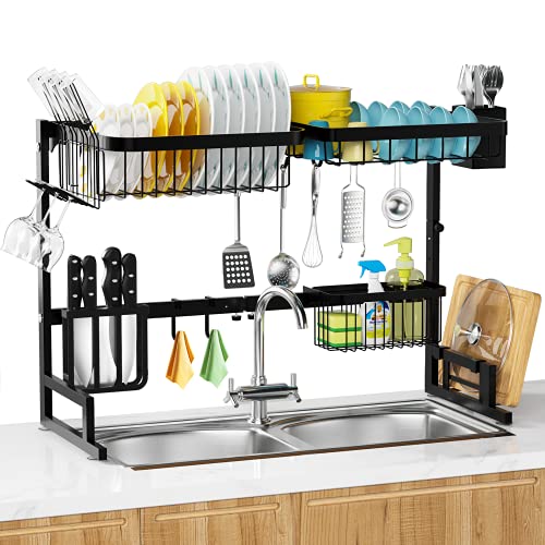 MERRYBOX Over The Sink Dish Drying Rack, 2-Tier Adjustable Length (25.6-33.5in), Stainless Steel Dish Drainer with Cutting Board Holder, Large Dish Rack for Kitchen Counter Organizer Space Saver