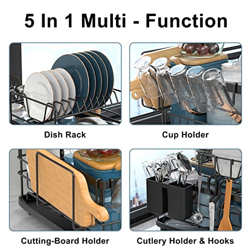 Aonee 2 Tier Dish Drying Rack with Drainboard, Cutlery Holder, Cutting-Board/ Cup Holder and 3 Hooks for Kitchen Counter, Rust-Proof Large Dish Drainer, Black