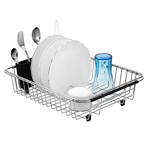 SANNO Expandable Dish Drying Rack Over The Sink Dish Drainer Dish Rack in Sink or On Counter with Utensil Silverware Storage Holder, Rustproof Stainless Steel