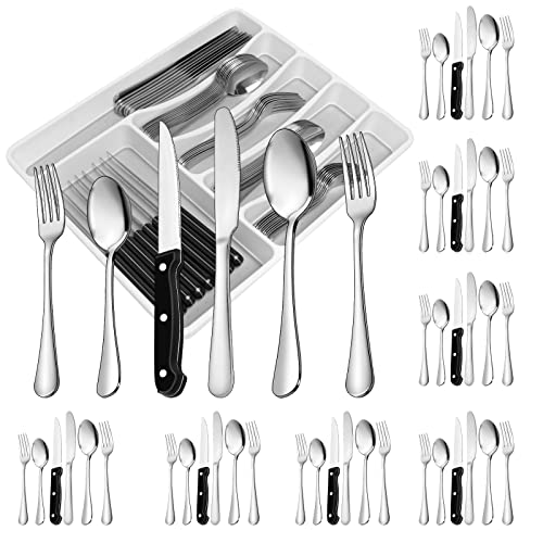 49-Piece Silverware Set with Flatware Drawer Organizer, Durable Stainless Steel Cutlery Set for 8, Mirror Polished Kitchen Utensils Tableware Service with Steak Knives Dinner Fork Knife Spoon & Tray