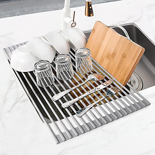 MERRYBOX Roll Up Dish Drying Rack, Silicone Wrapped Over The Sink Dish Rack Foldable Dish Drainer Anti-Slip Dish Racks for Kitchen Counter, Multipurpose Kitchen Sink Drying Rack, 17" x 13", Light Gray