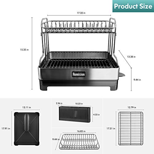 romision Dish Drying Rack, 304 Stainless Steel 2 Tier Large Dish Rack and Drainboard Set with Swivel Spout Drainage, Full Size Dish Drainer with Utensil Holder for Kitchen Counter of Big Family