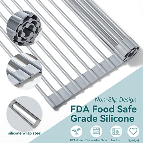 Ohuhu Over Sink Dish Drying Rack 17.6" L x 15.4" W Large Roll Up Drainer Foldable Rolling Mat Dryer Roll Out RV Drain - Silicone Coated Steel Multipurpose Space Saving for Kitchen Counter Anti-Slip