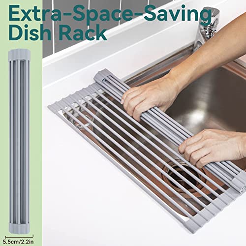 Ohuhu Over Sink Dish Drying Rack 17.6" L x 15.4" W Large Roll Up Drainer Foldable Rolling Mat Dryer Roll Out RV Drain - Silicone Coated Steel Multipurpose Space Saving for Kitchen Counter Anti-Slip