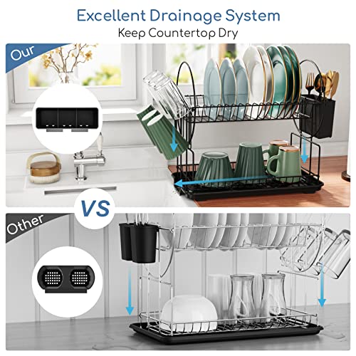GSlife Small Dish Drying Rack - 2-Tier Dish Rack with Drainboard, Utensils Holder, Glass Holder for Kitchen Counter, Tiered Dish Drainer for Small Space, Black