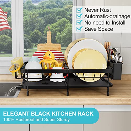 YKLSLH Expandable Dish Drying Rack Dish Racks for Kitchen Counter, Space Saving Dish Rack,Durable Kitchen Drying Rack with Drainboard, Glass Holder, Utensil Holder - Black