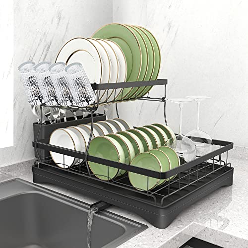 Carbon Steel Dish Drying Rack for Kitchen Counter, 2-Tier Dish Racks with Drainboard, Large Capacity Dish Drainer Organizer Shelf with Utensil Holder, Wine Glass Holder（Black）