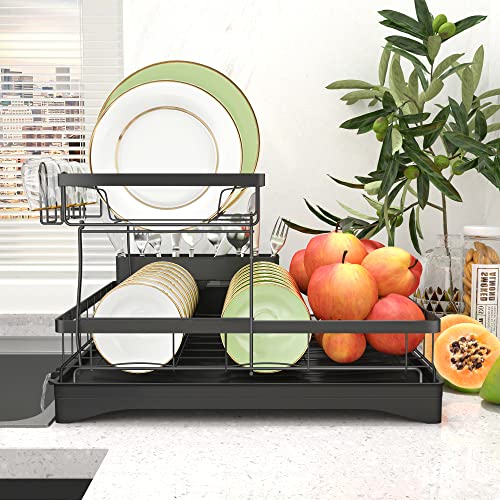 Carbon Steel Dish Drying Rack for Kitchen Counter, 2-Tier Dish Racks with Drainboard, Large Capacity Dish Drainer Organizer Shelf with Utensil Holder, Wine Glass Holder（Black）
