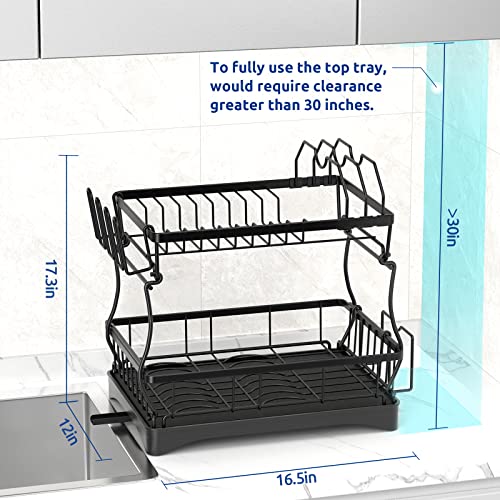 Dish Drying Rack, 2-Tier Dish Drying Rack with Drainboard Set, Black Metal Dish Rack Plate Rack for Kitchen Counter, Dish Drainer with Utensil & Cutlery Holder - Space-Saving Organizer for Countertop