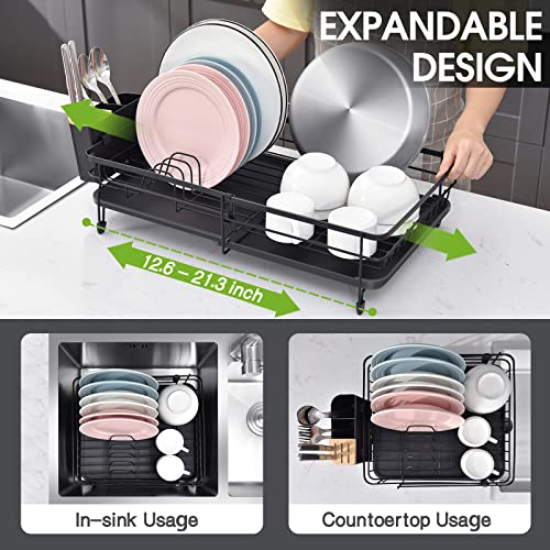 TOOLF Expandable Dish Drying Rack, Adjustable Dish Rack, Foldable Dish Drying Rack with Removable Cutlery Holder Swivel Drainage Spout, Anti-Rust Plate Rack for Kitchen, 1 Piece, Black