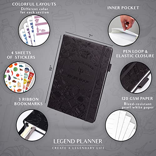 Legend Recipe Book – Blank Family Cookbook to Write In Your Own Recipes – Empty Cooking Journal – Personalized Cooking Notebook, Hardcover, Large 7”x10” Format, 58 Recipes Total (Black)