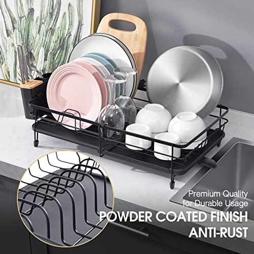 TOOLF Expandable Dish Drying Rack, Adjustable Dish Rack, Foldable Dish Drying Rack with Removable Cutlery Holder Swivel Drainage Spout, Anti-Rust Plate Rack for Kitchen, 1 Piece, Black