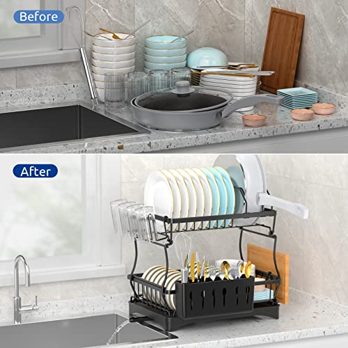 Dish Drying Rack, 2-Tier Dish Drying Rack with Drainboard Set, Black Metal Dish Rack Plate Rack for Kitchen Counter, Dish Drainer with Utensil & Cutlery Holder - Space-Saving Organizer for Countertop