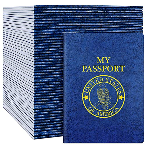 Blank Passport Book, Blue Passport Notebook 4 x 5.5 Inch Play Fake Passport Bulk Travel Journal for Kid World Travel Pretend Activity Classroom School Projects Theme Party Favors Decor (50 Pcs)