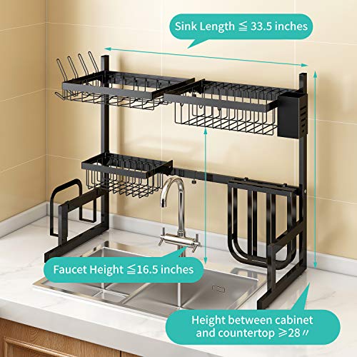 Over The Sink Dish Drying Rack Adjustable (25.6"-33.5"), 2 Tier Stainless Steel Large Dish Rack Drainer for Kitchen Counter Organizer Storage Space Saver with 10 Utility Hooks