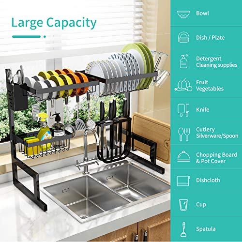 Over The Sink Dish Drying Rack Adjustable (25.6"-33.5"), 2 Tier Stainless Steel Large Dish Rack Drainer for Kitchen Counter Organizer Storage Space Saver with 10 Utility Hooks