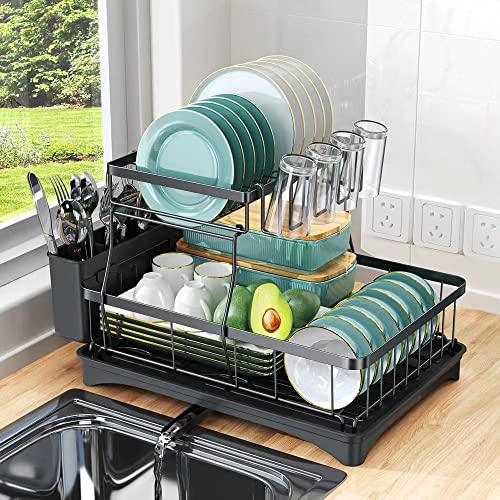 Xdsirone Dish Drying Rack, Dish Rack for Kitchen Counter, 2-Tier Dish Drainer with Glass Holder and Utensil Holder, Stainless Steel Dish Drying Rack with Drainboard. (Black)
