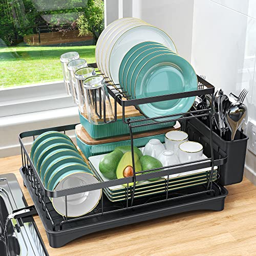 Xdsirone Dish Drying Rack, Dish Rack for Kitchen Counter, 2-Tier Dish Drainer with Glass Holder and Utensil Holder, Stainless Steel Dish Drying Rack with Drainboard. (Black)
