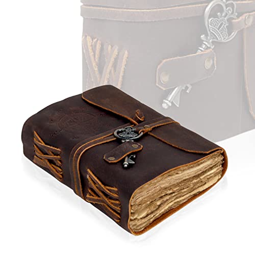 C CUERO Compass Vintage Leather Journal - Antique Handmade Leather Bound journal with deckle edge paper Diary - Leather Sketchbook - Drawing Journal Notebook - Great Gift Men And Women (6X8 Inch)