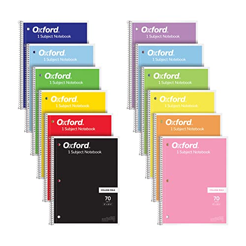 Oxford Spiral Notebook 12 Pack, 1 Subject, College Ruled Paper, 8 x 10-1/2 Inches, Assorted Colors, 70 Sheets (65205)