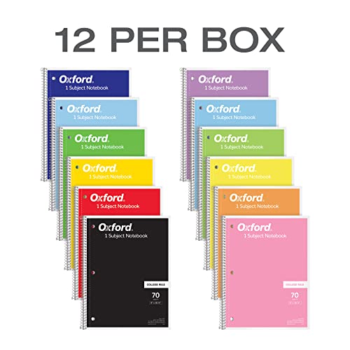 Oxford Spiral Notebook 12 Pack, 1 Subject, College Ruled Paper, 8 x 10-1/2 Inches, Assorted Colors, 70 Sheets (65205)