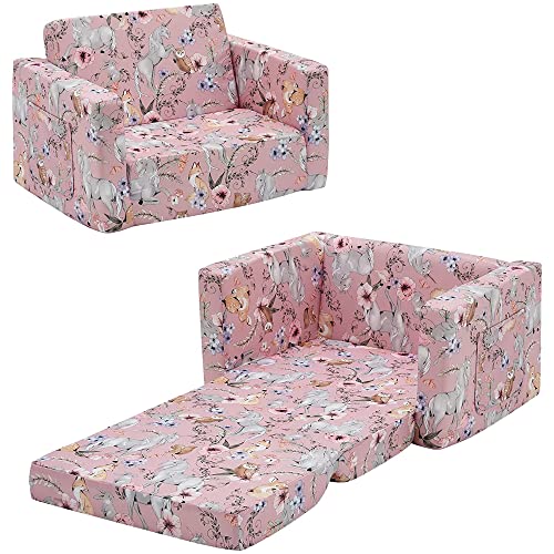 Ulax Furniture Kids Sofa Chair Children FILP-Out Chair 2-in-1 Convertible Sofa to Sleeper Couch (Pink Unicorn)