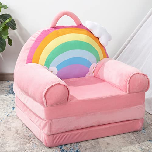 HIGOGOGO Plush Foldable Kids Sofa, Cartoon Rainbow Children Couch Backrest Armchair Bed with Pocket and Handle, Upholstered 2 in 1 Flip Open Infant Baby Seat for Living Room Bedroom, Pink