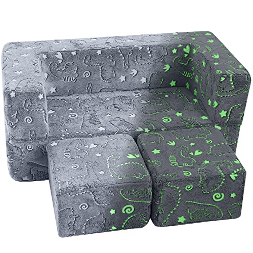 MeMoreCool Kids, Toddler Couch, Glow in The Dark Dinosaur Fold Out Baby Couch, Grey Kids Sofa Play Couch for Playroom, Modular Kid Furniture for Bedroom