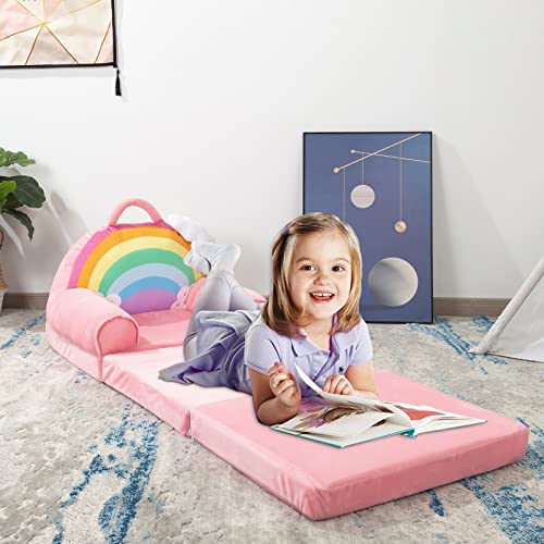 HIGOGOGO Plush Foldable Kids Sofa, Cartoon Rainbow Children Couch Backrest Armchair Bed with Pocket and Handle, Upholstered 2 in 1 Flip Open Infant Baby Seat for Living Room Bedroom, Pink