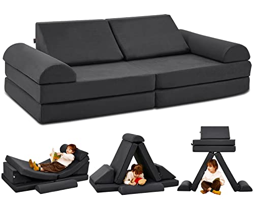jela Kids Couch 8PCS, Floor Sofa Modular Funiture for Kids Adults, Playhouse Play Set for Toddlers Babies, Modular Foam Play Couch Indoor Outdoor (57"x28"x18", Charcoal)