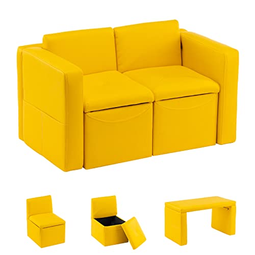 UNICOO –Kids Sofa, 2-in-1 Double Set Sofa Convert to Table & 2 Chairs, Toddler Lounge with Leather Surface, Children Boys Girls Couch Armrest Chair with Storage Box (ZKL-111K-Yellow)