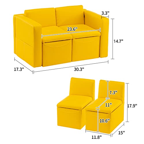 UNICOO –Kids Sofa, 2-in-1 Double Set Sofa Convert to Table & 2 Chairs, Toddler Lounge with Leather Surface, Children Boys Girls Couch Armrest Chair with Storage Box (ZKL-111K-Yellow)