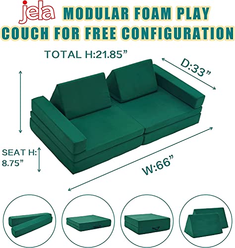 jela Kids Couch Extended Size 8PCS for Family, Floor Sofa Couch Modular Funiture for Kids Adults, Playhouse Play Set for Toddlers Babies, Modular Foam Play Couch Indoor 66" x 33" x 22" Green