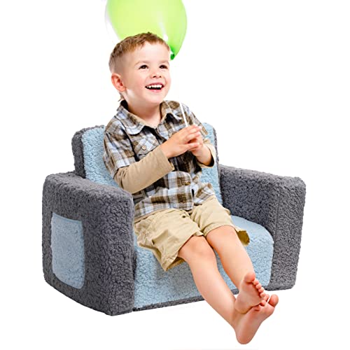 ALIMORDEN 2-in-1 Flip Out Cuddly Sherpa Kids Couch, Convertible Sofa to Lounger, Grey and Blue
