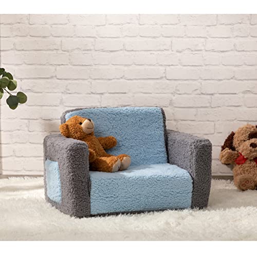 ALIMORDEN 2-in-1 Flip Out Cuddly Sherpa Kids Couch, Convertible Sofa to Lounger, Grey and Blue