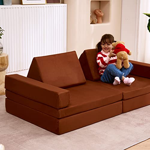 jela Kids Couch Extended Size 8PCS for Family, Floor Sofa Couch Modular Funiture for Kids Adults, Playhouse Play Set for Toddlers Babies, Modular Foam Play Couch Indoor 66" x 33" x 22" Coffee