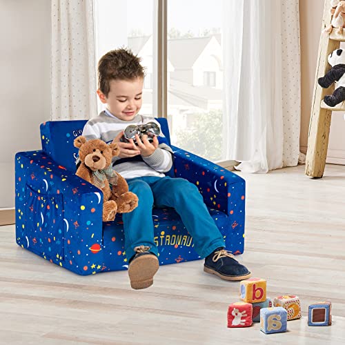 Costzon Kids Sofa, 2 in 1 Flip Open Couch w/Sturdy Sponge Construction, Velvet Fabric, Storage Pockets, Toddler Armrest Chair Bed for Nap Play Sleep, Ideal Gift for 0-4 Years Old Children, Blue Space