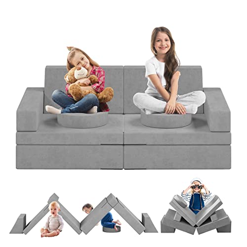 MOOITZ Kids Couch 10Pcs, Kids Couch Sofa for Playroom, Creative Modular Sofa Couch for Imaginative Kids Toddlers, Kids Playroom Furniture (Grey)