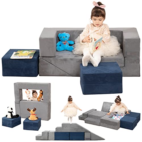 LOAOL Kids Couch Toddler Couch, Foam Climbing Playset for Kids, Convertible Play Couch Imaginative Furniture for Boys & Girls, Foldable Kids Play Couch for Bedroom Playroom with 2 Ottomans
